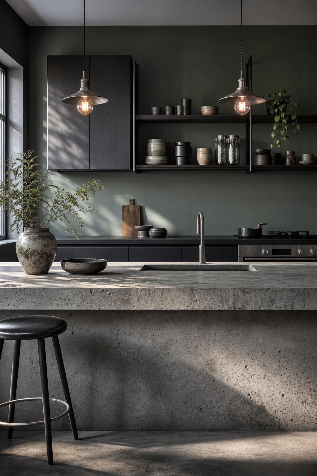 Charcoal gray kitchen with dark concrete countertops as the hero, smooth cabinet fronts, open shelving, pendant lights, and Farrow & Ball Reduced Green painted walls