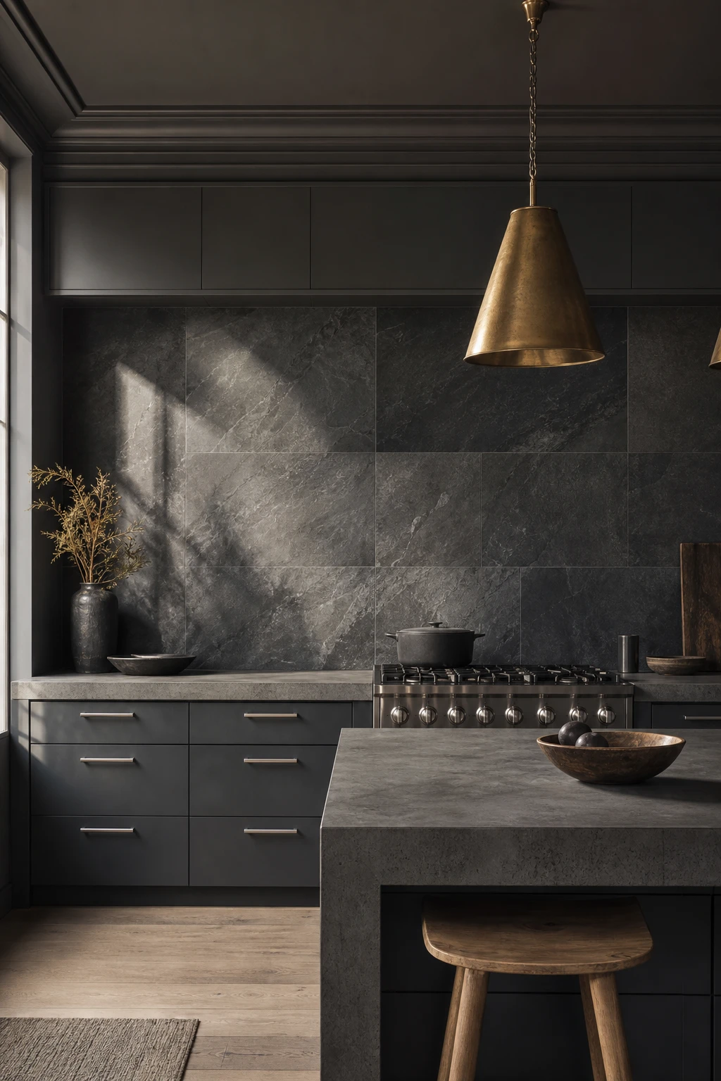 Charcoal gray kitchen with dark grey tile backsplash as hero, slate lower cabinets, concrete countertops, brushed steel hardware, and warm pendant lighting