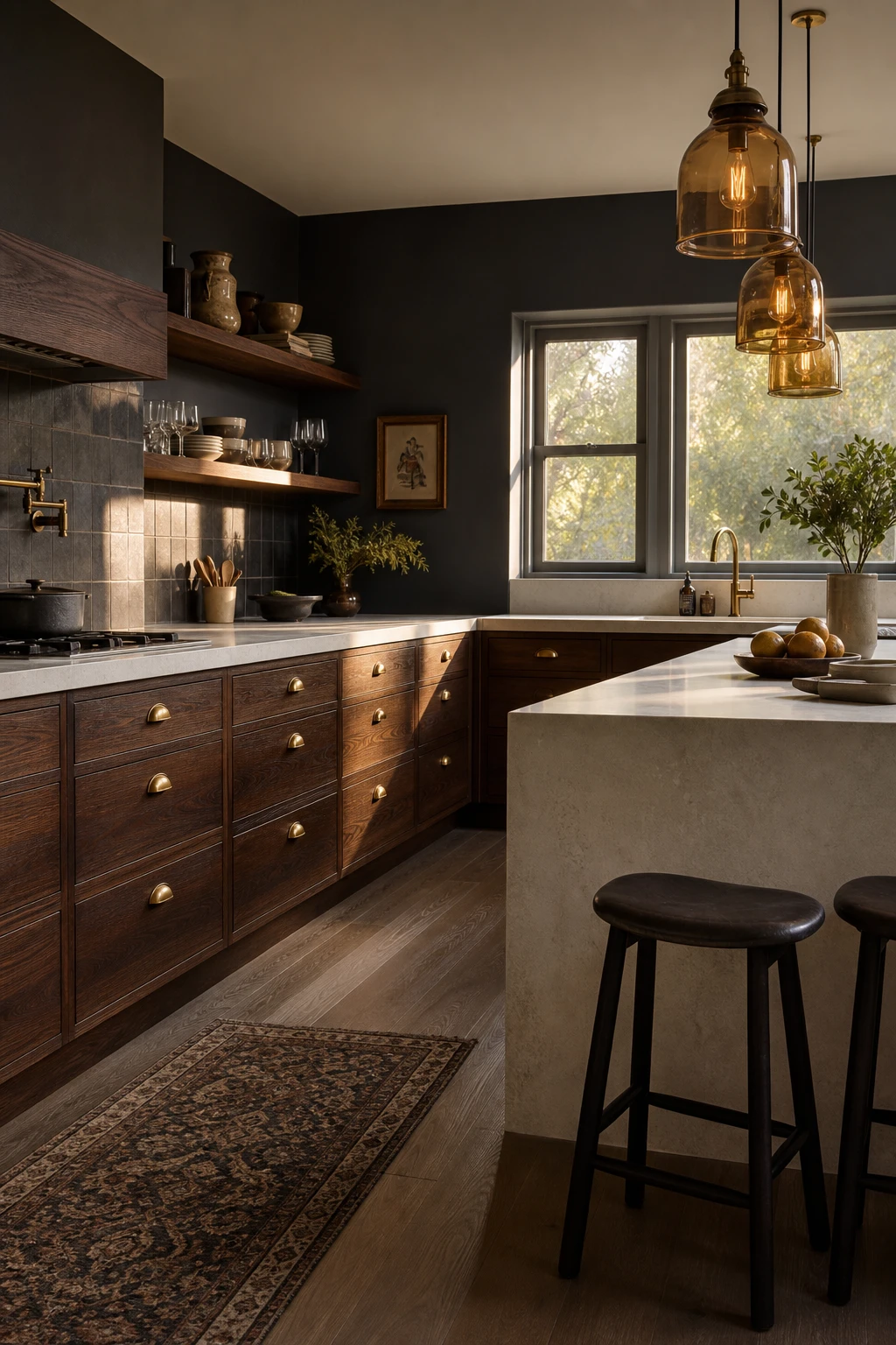Charcoal gray kitchen with dark wood cabinets, brass hardware, stone countertops, open shelving, and warm pendant lighting in a moody yet inviting space