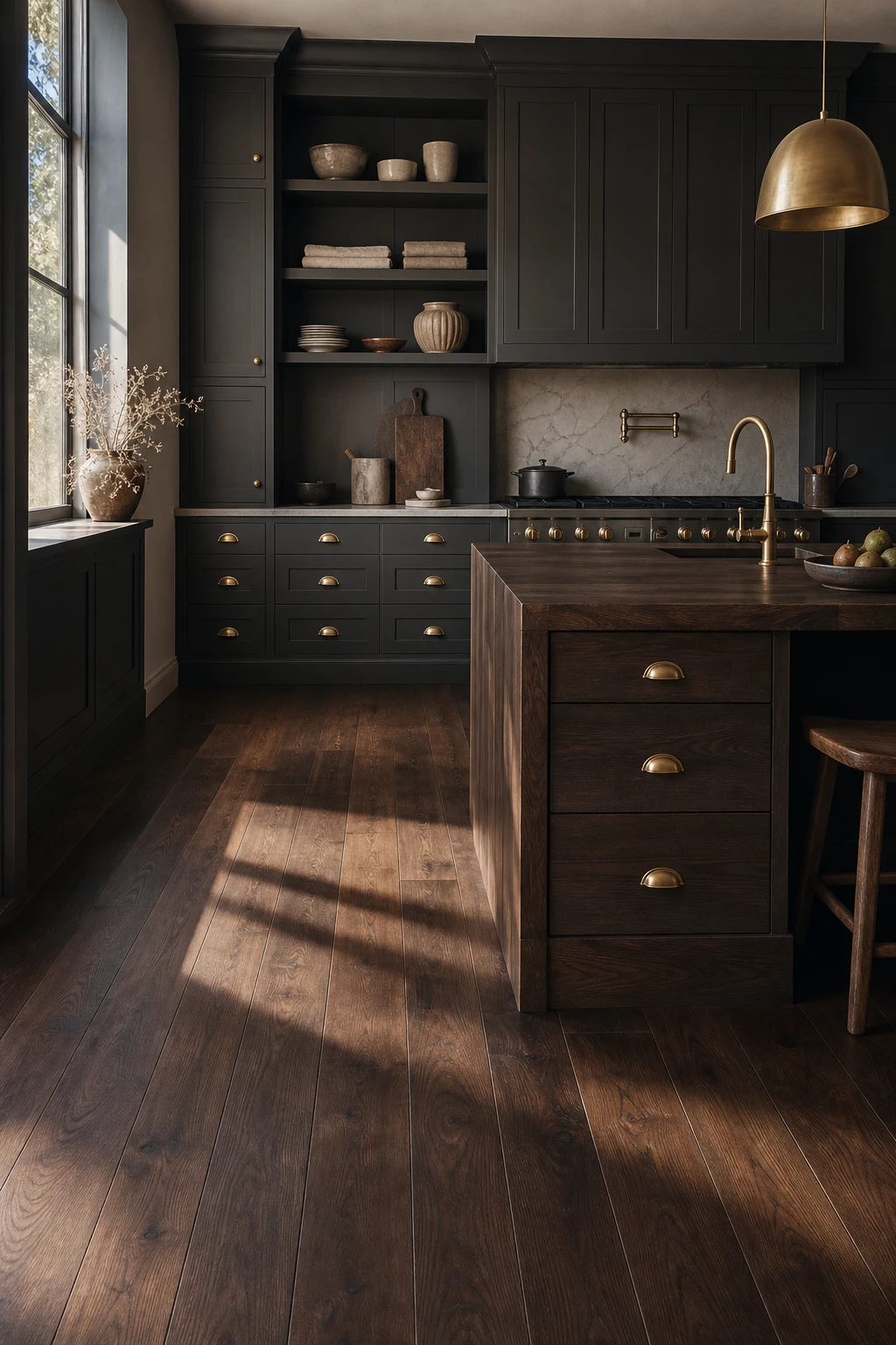 Charcoal gray kitchen with dark wood floor as hero, island, open shelving, brass hardware, and natural light from a side window