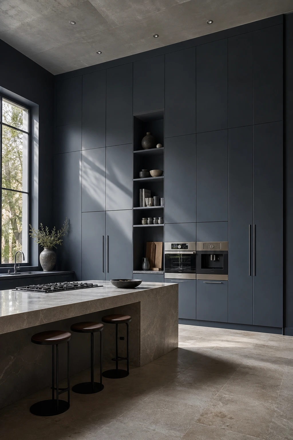 Charcoal gray kitchen with floor to ceiling cabinet storage painted Farrow and Ball Inchyra Blue, tall cabinetry reaching the ceiling with integrated handles and open shelving