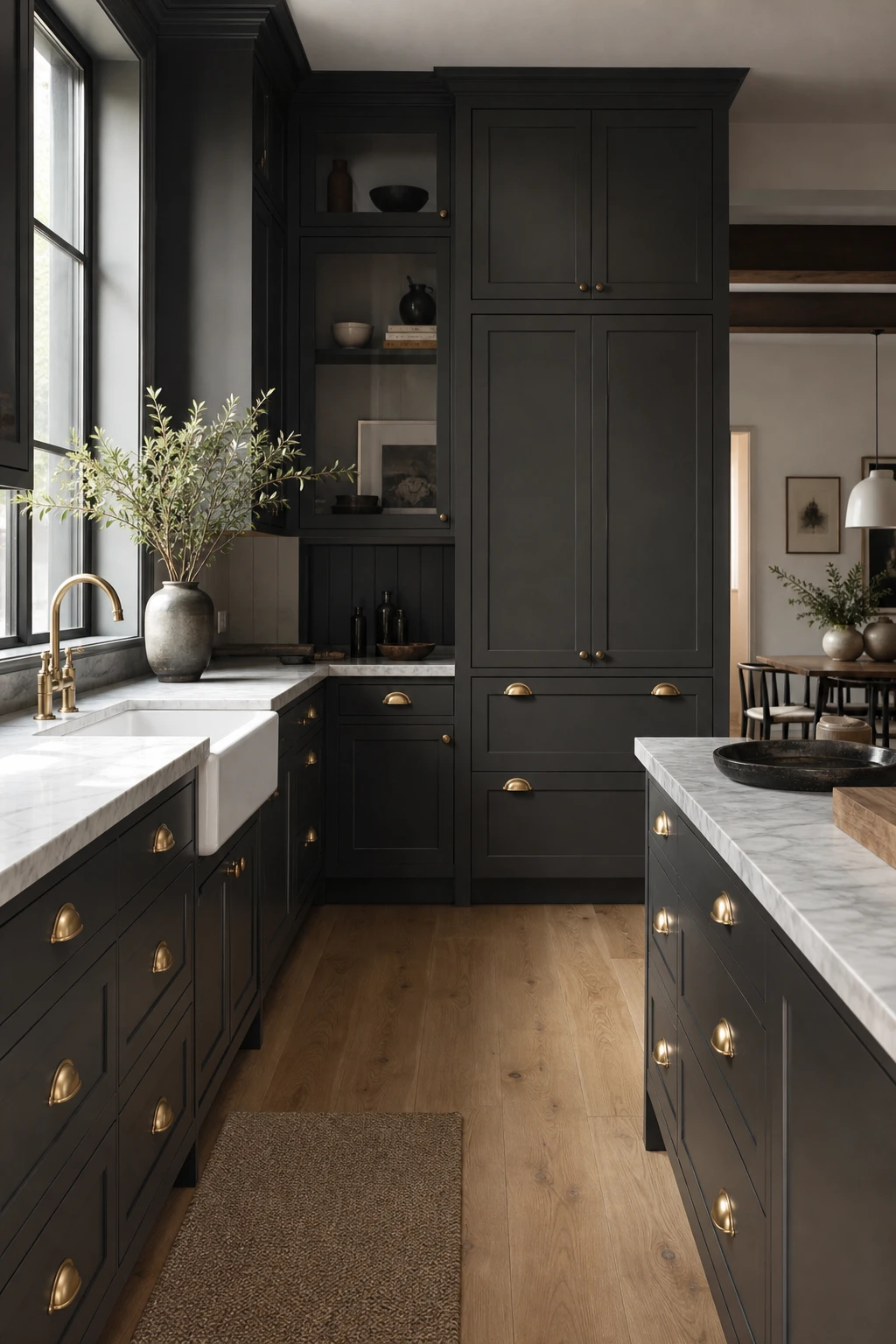 Charcoal gray kitchen with floor to ceiling cabinets painted in Farrow and Ball Down Pipe, brass hardware, marble countertops and warm oak flooring in natural light
