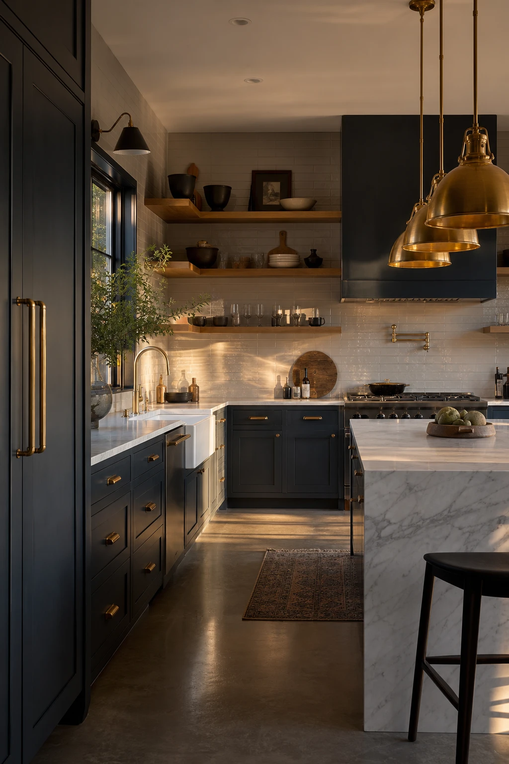 Charcoal gray kitchen with gold cabinet hardware as the hero, dark lower cabinets, open upper shelving, brass fixtures, and warm evening light