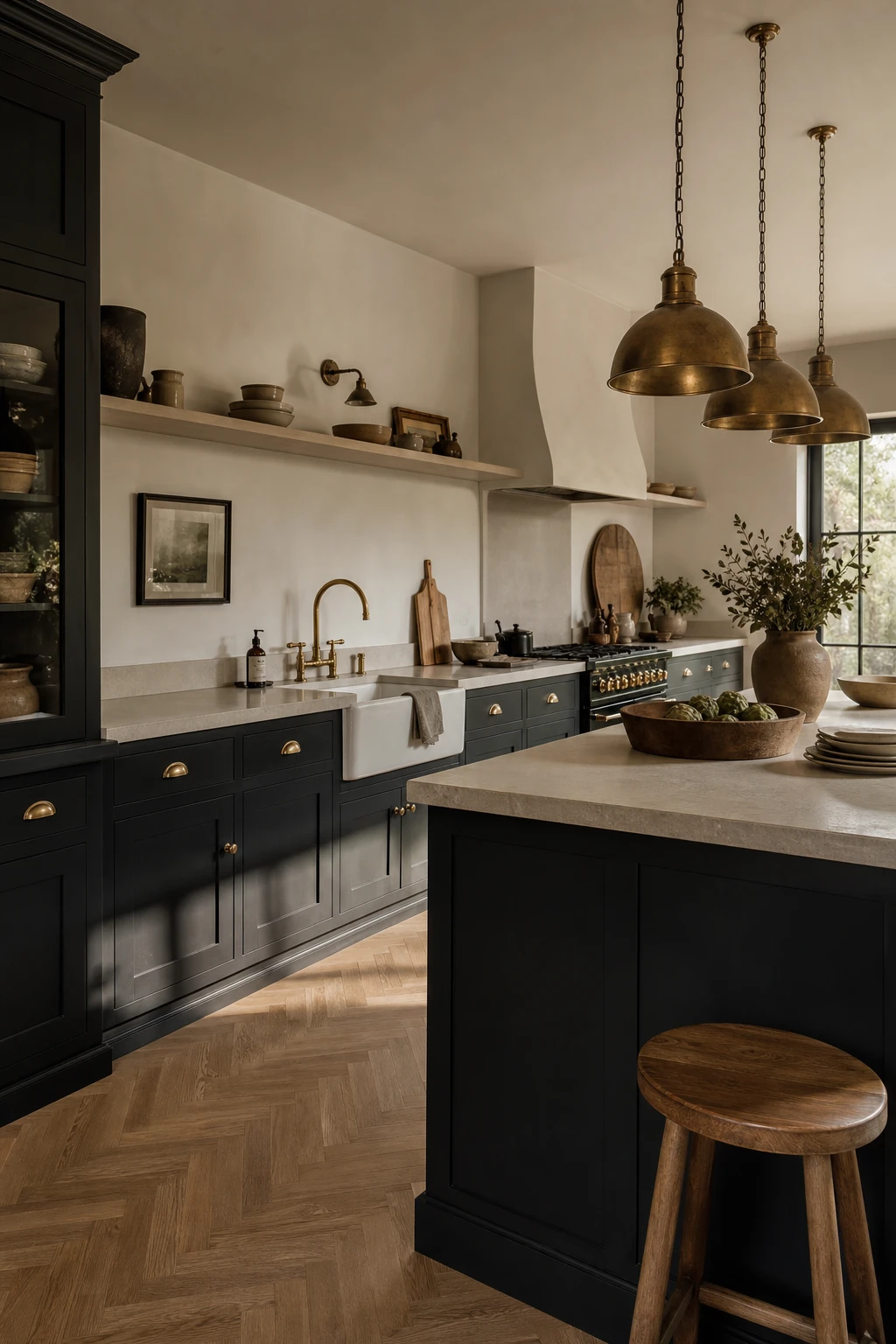 Charcoal gray kitchen with graphite depth cabinets painted Farrow and Ball Railings, brass hardware, open shelving, pale stone countertops and natural light