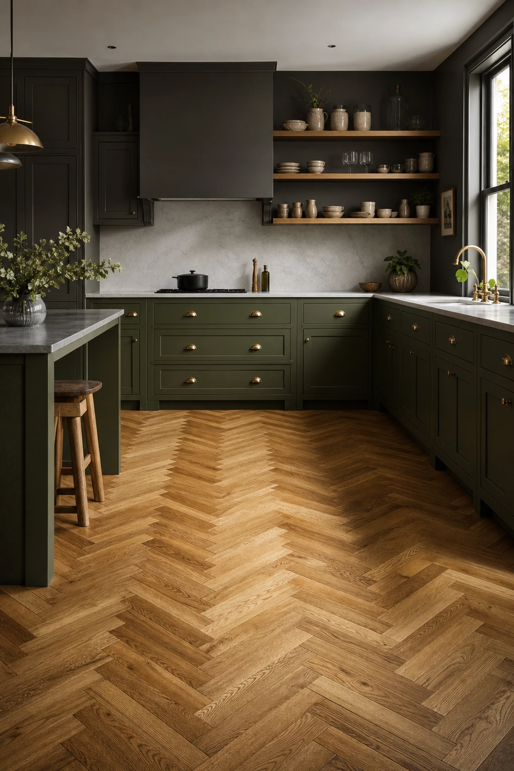 Charcoal gray kitchen with herringbone parquet floor as hero, dark cabinetry, brass fixtures, open shelving, and Farrow and Ball Reduced Green painted lower cabinets