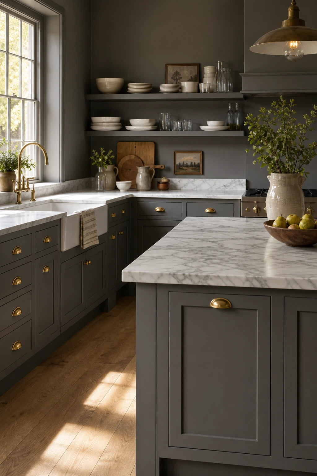 Charcoal gray kitchen with light charcoal shaker cabinets in Farrow and Ball Manor House Gray, marble countertops, brass hardware, and natural light from a wide window
