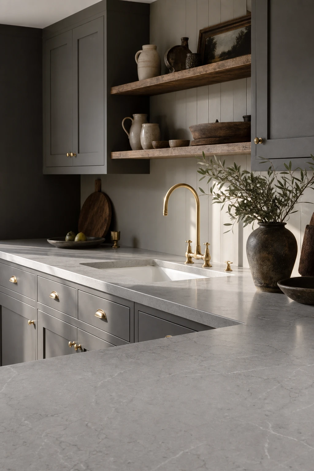 Charcoal gray kitchen with light grey quartz countertops as the hero, pale cabinets, brass fixtures, open shelving, and soft morning light