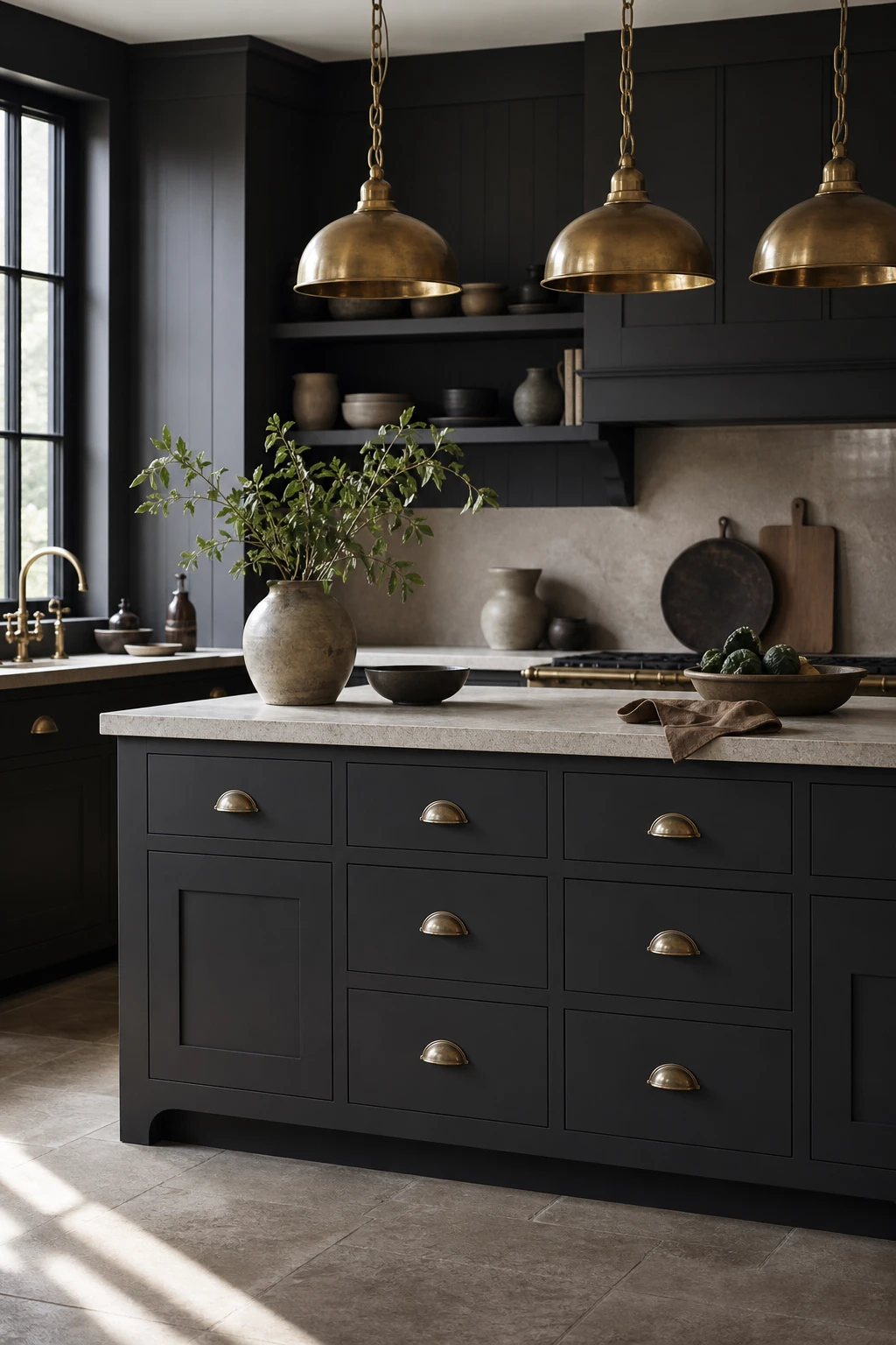 Charcoal gray kitchen with matte finish cabinets painted Farrow and Ball Plummett, brass hardware, stone countertops, and warm pendant lighting