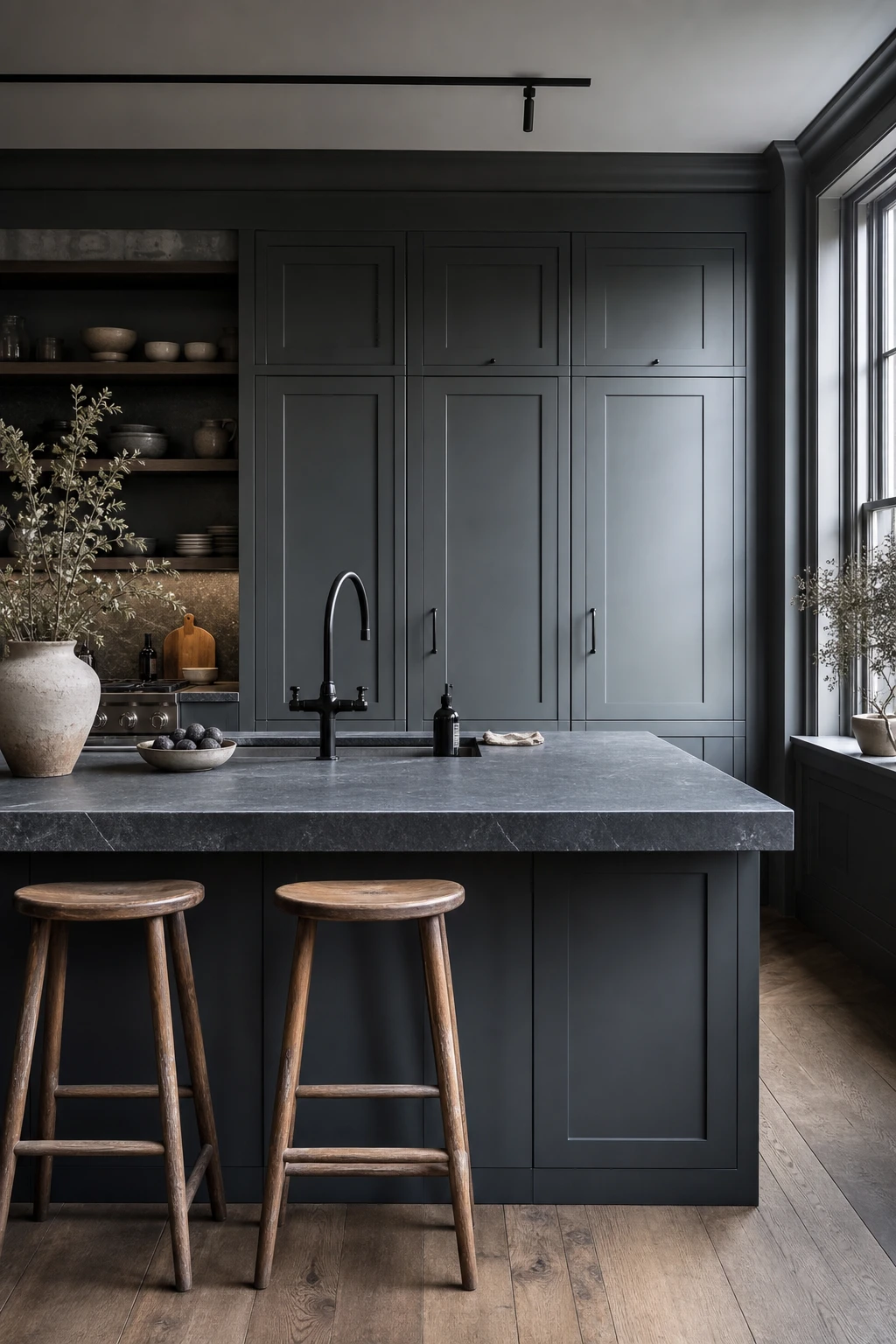 Charcoal gray kitchen with slate grey cabinet fronts, stone countertops, integrated appliances, and warm afternoon light from a side window