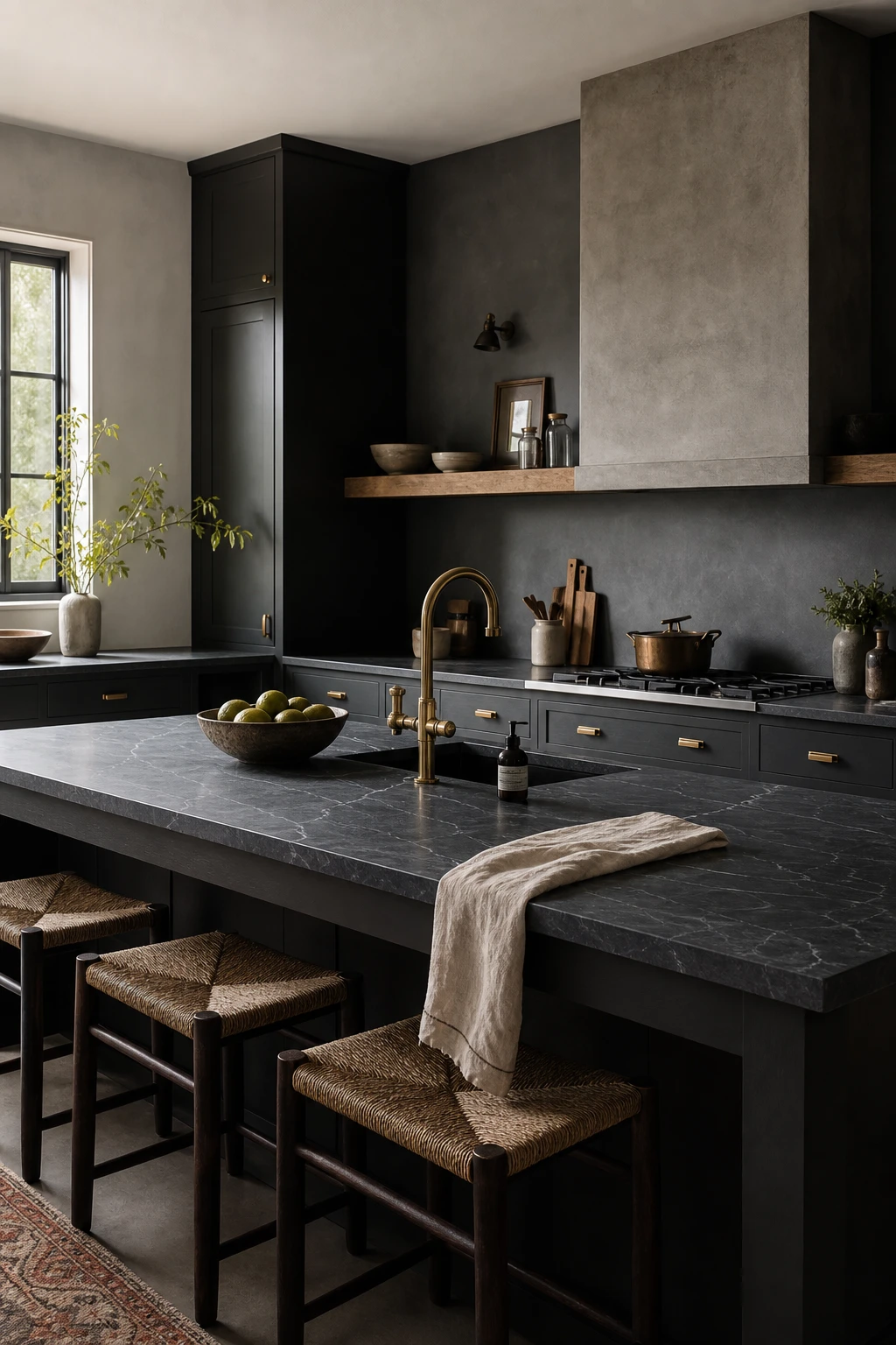 Charcoal gray kitchen with soapstone countertop as hero, dark cabinetry, brass fixtures, open shelving, and soft morning light on matte surfaces