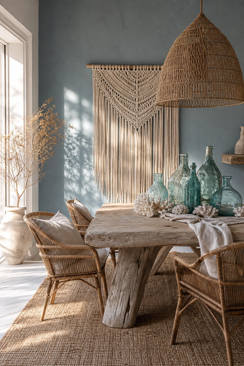 Coastal boho blue dining room with macrame wall hanging, driftwood table, rattan chairs, sea glass blue walls in Farrow and Ball Lulworth Blue paint