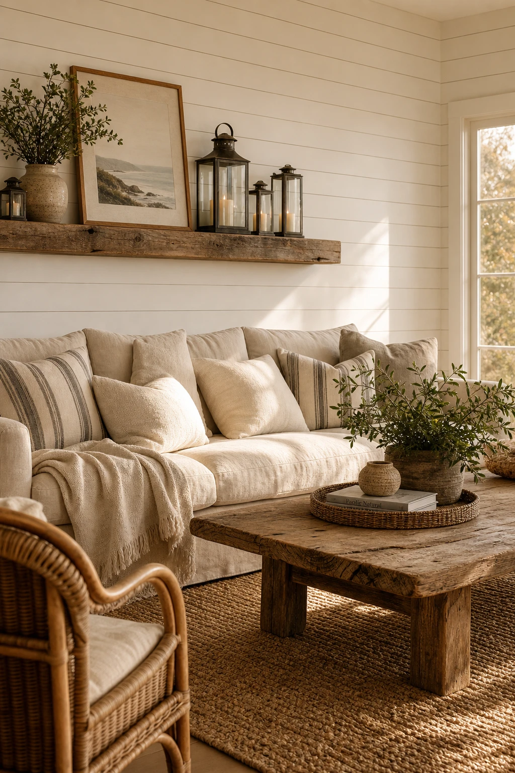 Coastal farmhouse living room with shiplap panelling painted warm white, linen sofa, woven rattan chair, driftwood coffee table, and soft natural light from large windows