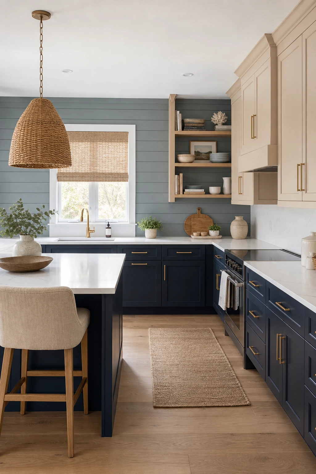 Coastal modern navy and beige kitchen cabinets with shiplap walls, rattan pendants, white quartz countertops and open shelving in soft natural light