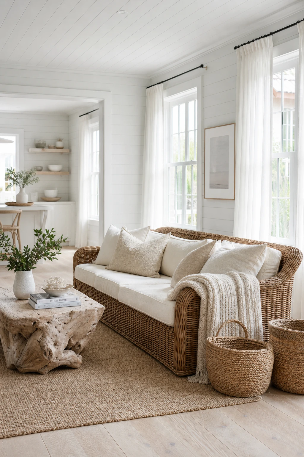 Coastal white living room with rattan furniture, linen drapes, whitewashed plank walls and Farrow and Ball Cabbage White paint in soft natural light