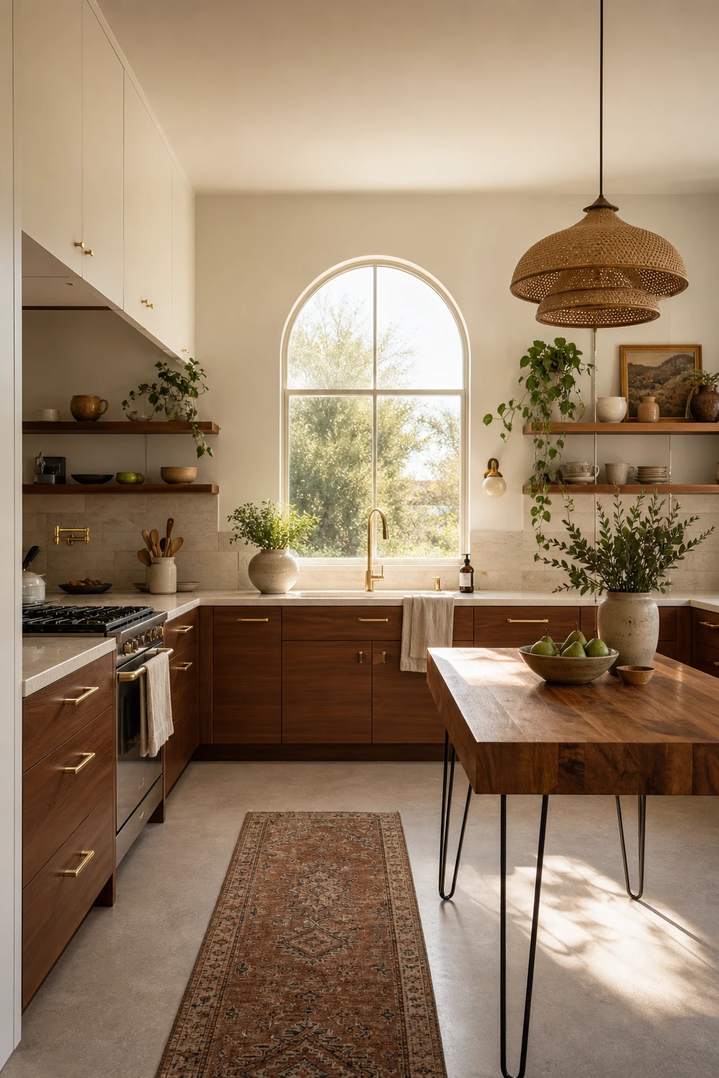 Compact boho midcentury modern kitchen with warm walnut cabinetry, open shelving, and Farrow & Ball Shaded White walls bathed in soft morning light