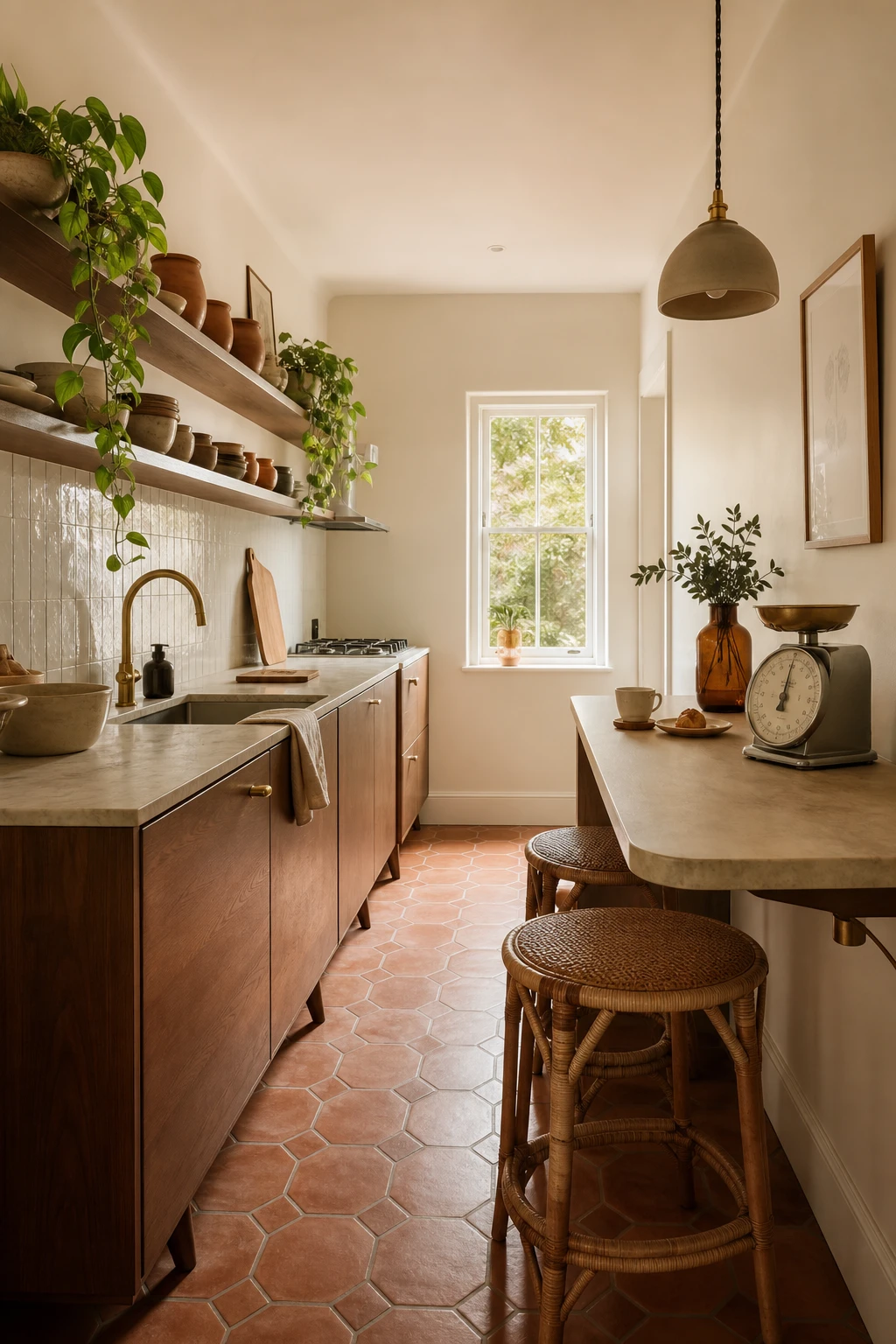 Compact boho midcentury modern kitchen with warm white walls, tapered leg lower cabinets, rattan bar stools, open shelving and small scale pendant light