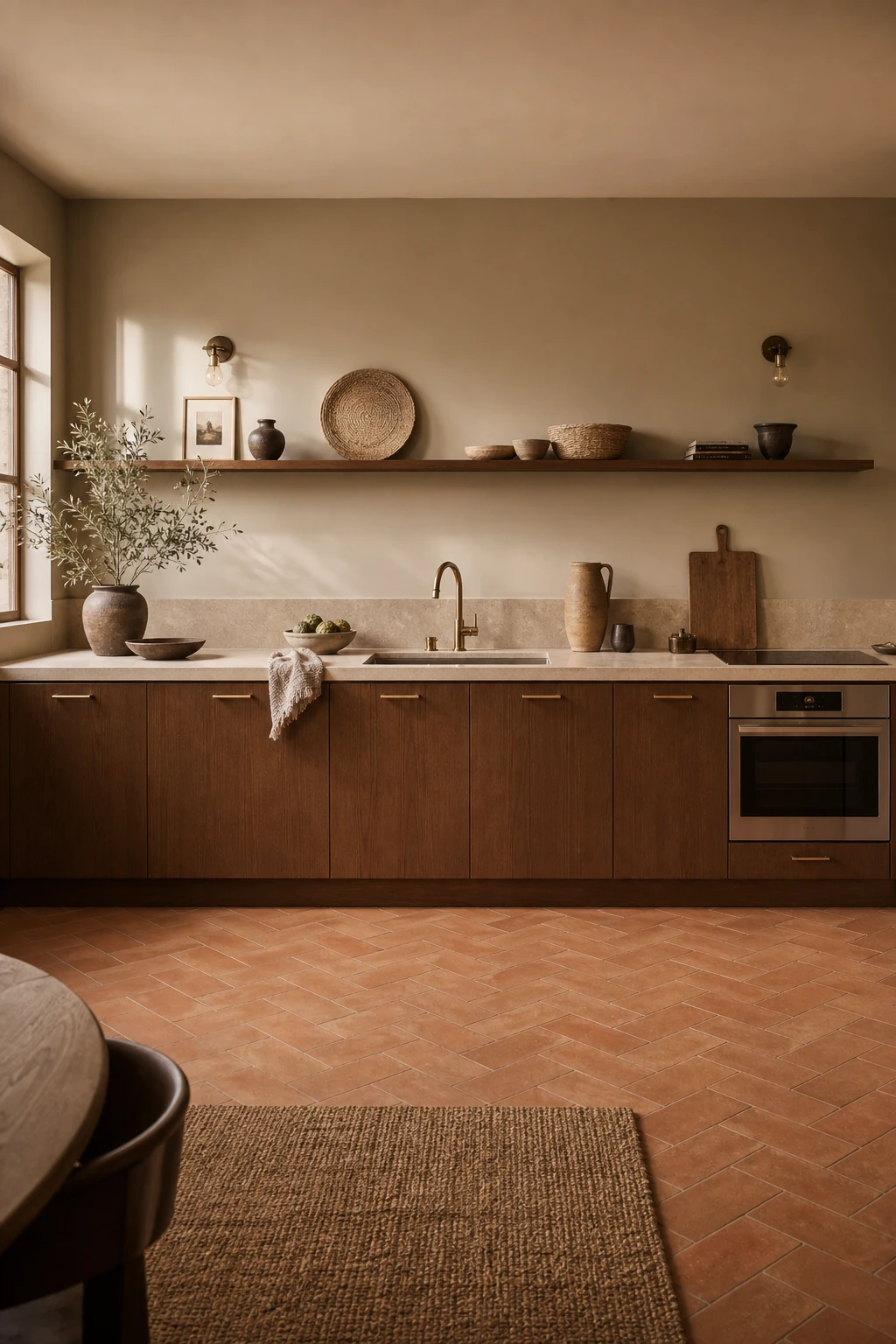 Compact brown and beige one wall kitchen with warm cabinetry, open shelving, integrated appliances and earthy Farrow and Ball Naperon painted wall