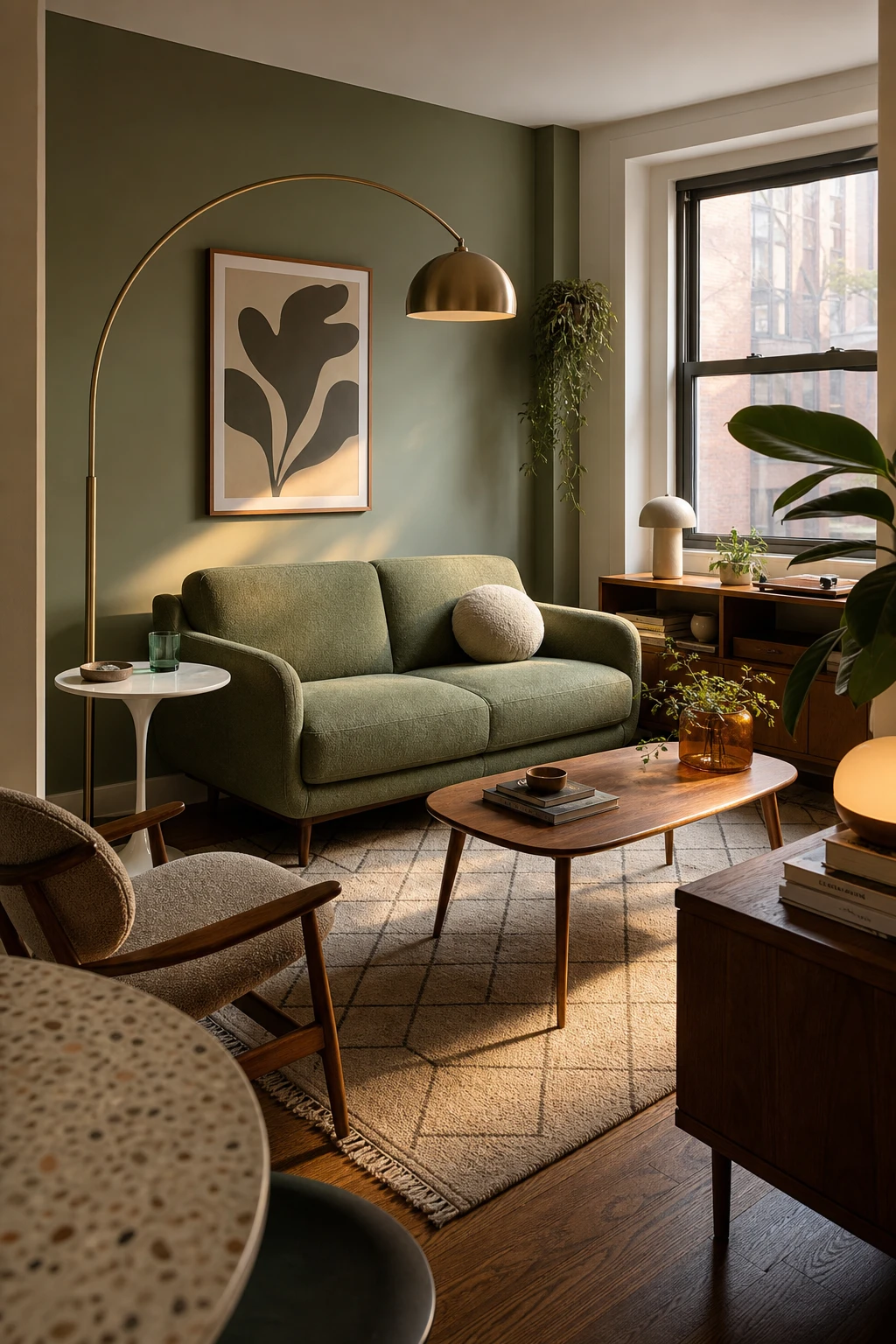 Compact green mid century modern living room with sage walls, scaled walnut sofa, tulip side table, arc floor lamp and geometric rug in warm afternoon light