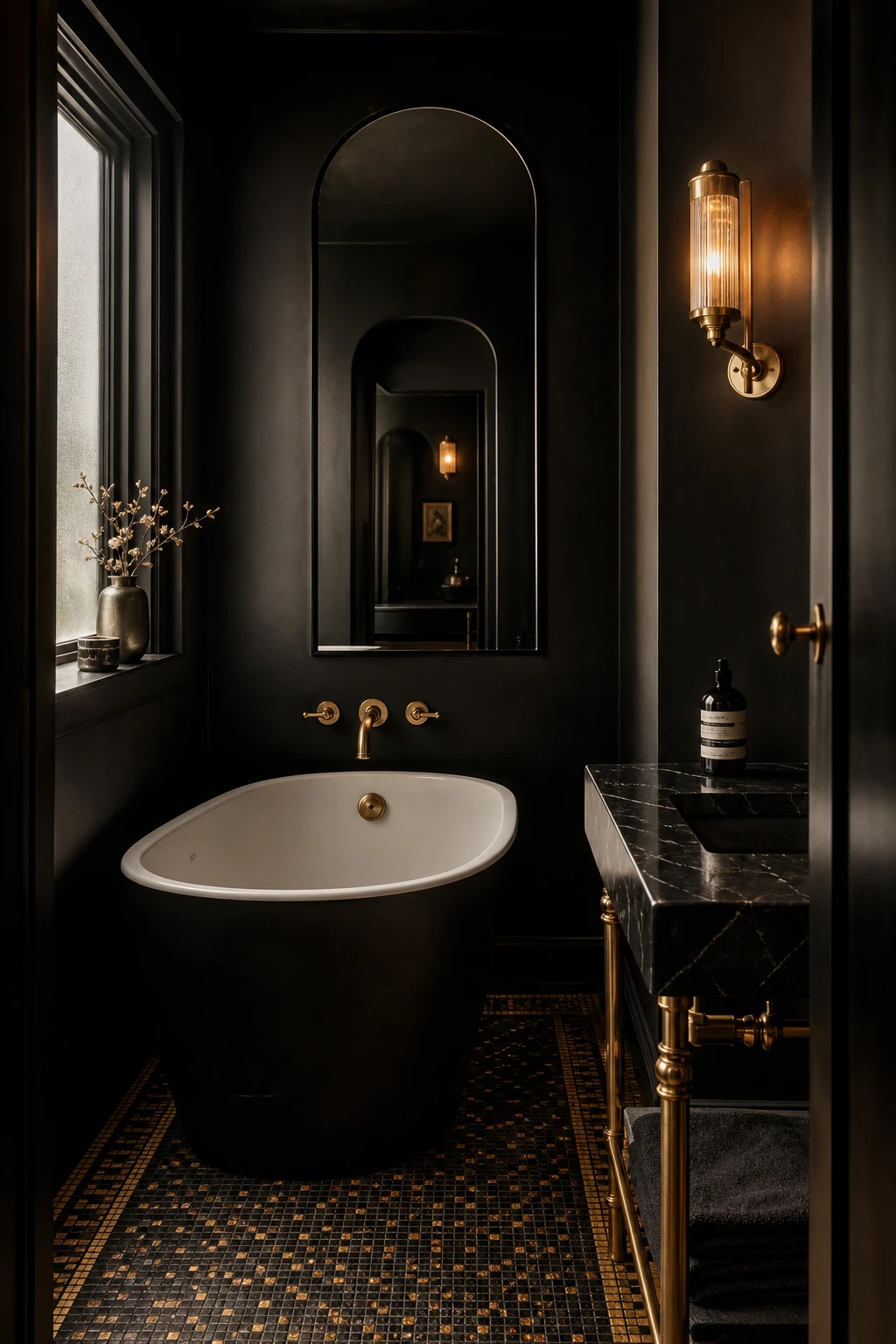 Compact luxury black bathroom with dramatic dark walls, freestanding soaking tub, brass fixtures, and mosaic floor tiles bathed in soft morning light