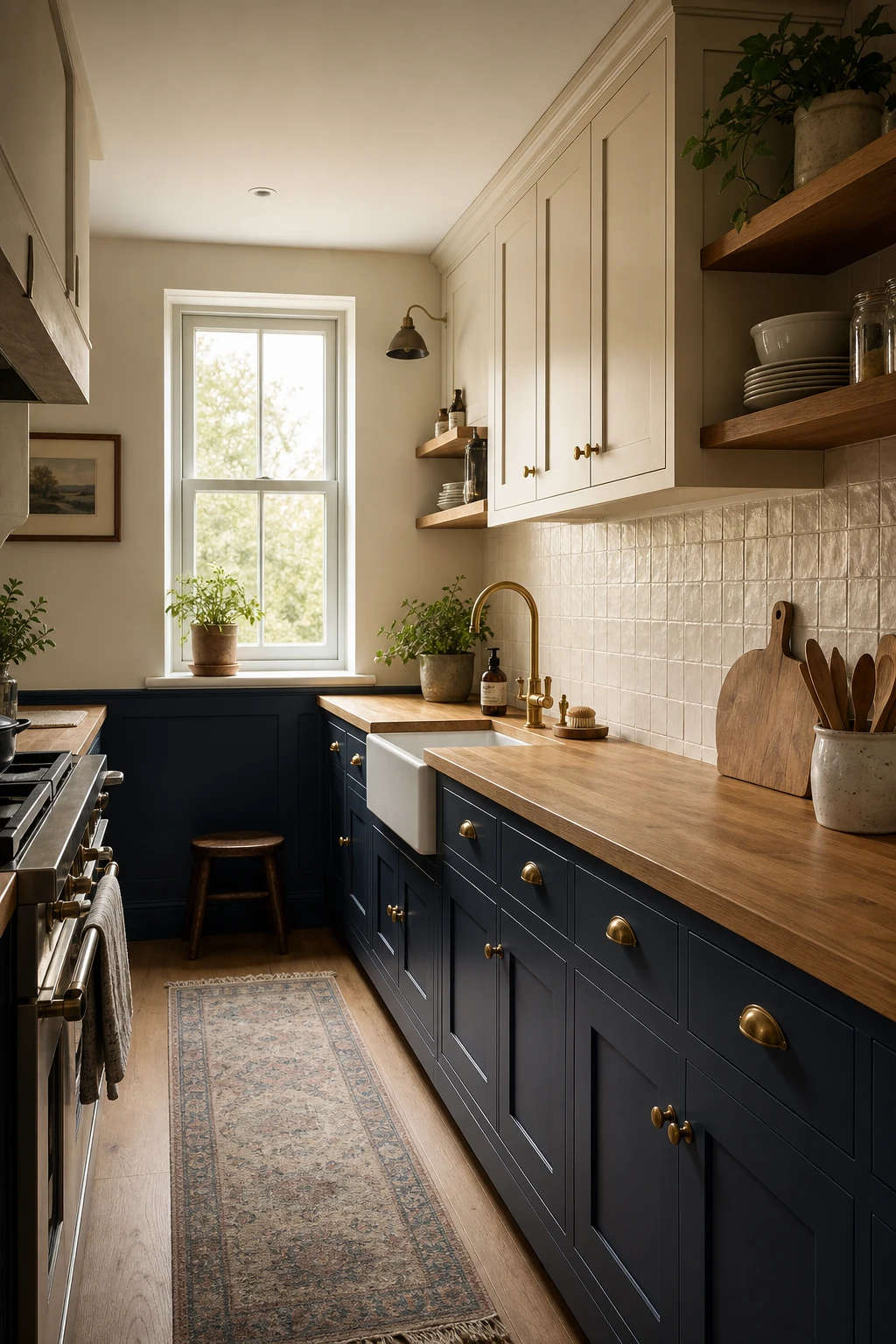 Compact navy and beige kitchen with Farrow and Ball Sloe Blue lower cabinets, open shelving, brass hardware, and natural light from a single window