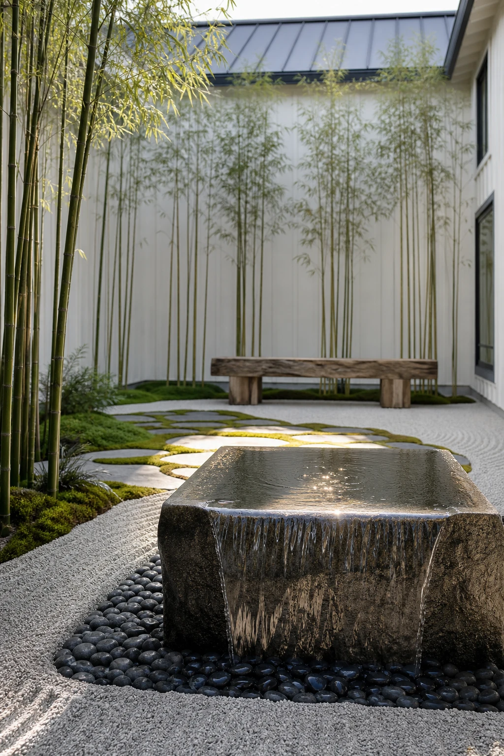 Compact water feature in a tight barndominium Zen garden courtyard with bamboo, smooth river stones, and Hardwick White painted timber walls under soft morning light
