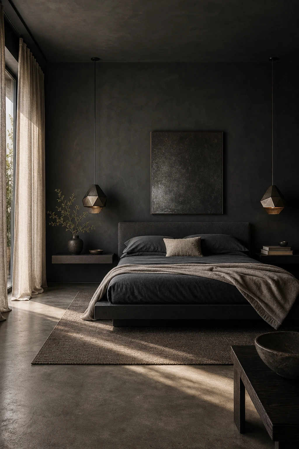 Contemporary dark gray bedroom with Smelt Black painted walls, low platform bed, geometric pendant lights and floor to ceiling curtains in soft natural light