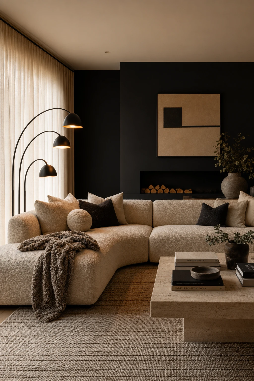 Cosy beige and black living room with an L shaped sofa as the hero, wrapped around a low coffee table under warm evening light