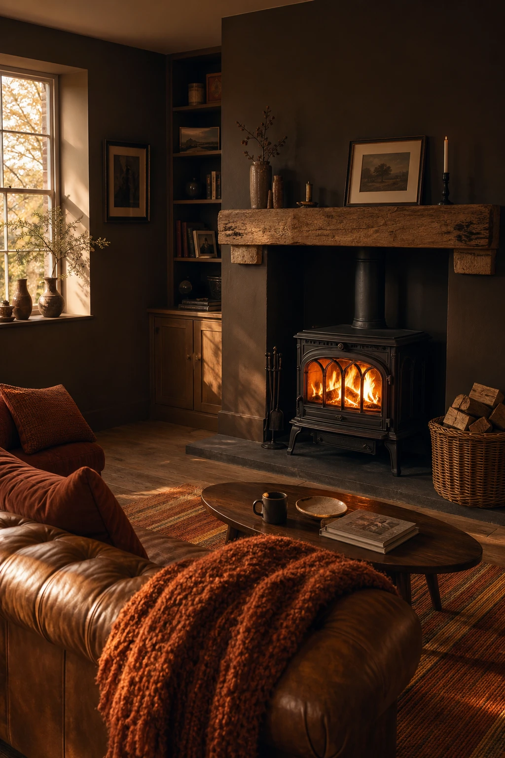Cosy brown and orange living room with a log burner as the centrepiece, deep tawny walls, chunky wood mantel, warm firelight and layered textural furnishings