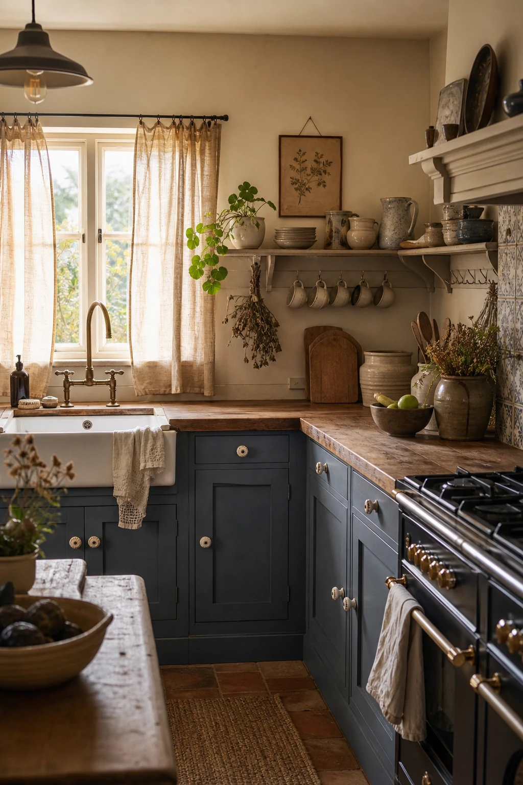 Cottage style navy and beige kitchen with De Nimes painted cabinets, open shelving, linen curtains, ceramic knobs and warm morning light through a small casement window