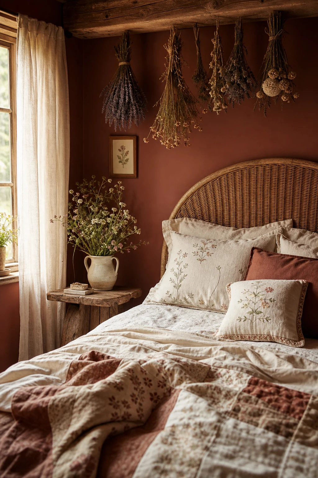 Cottagecore brown and cream bedroom with floral linen bedding, wicker headboard, dried flowers, and Farrow and Ball Red Earth painted walls in warm morning light