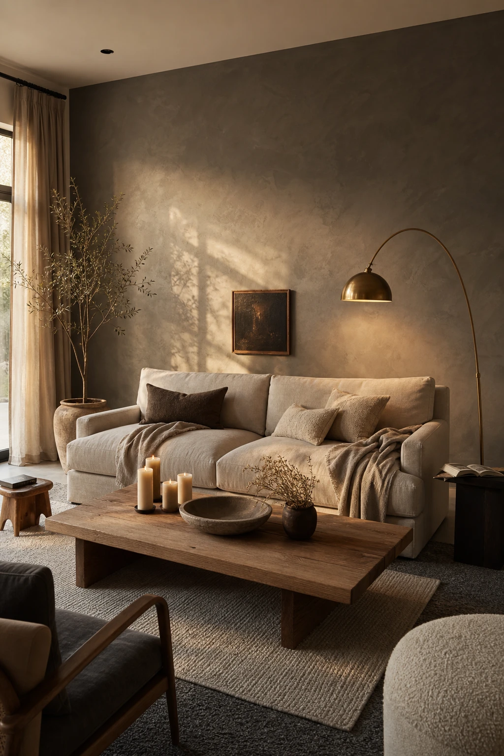 Cozy gray accent wall living room with warm grey Hopper Head painted feature wall, linen sofa, brass floor lamp, wood coffee table, and layered wool rugs