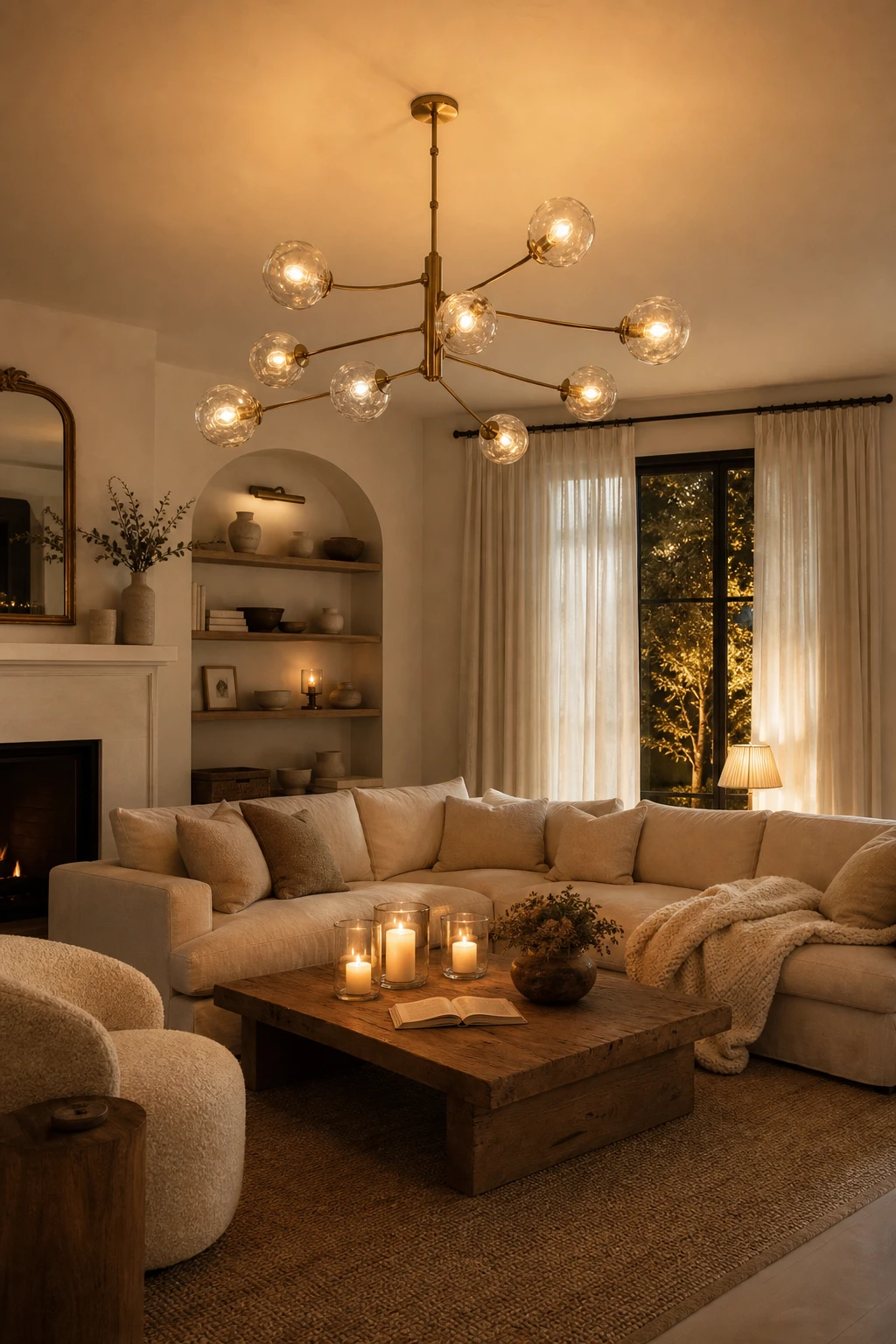 Cozy white living room at night with a statement chandelier casting warm light across Off White walls, plush seating, and layered textures