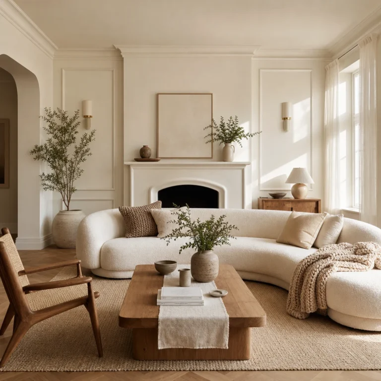 Cozy white living room with warm plaster walls, a curved boucle sofa, oak coffee table, wall panelling, and soft morning light filtering through sheer floor length curtains.