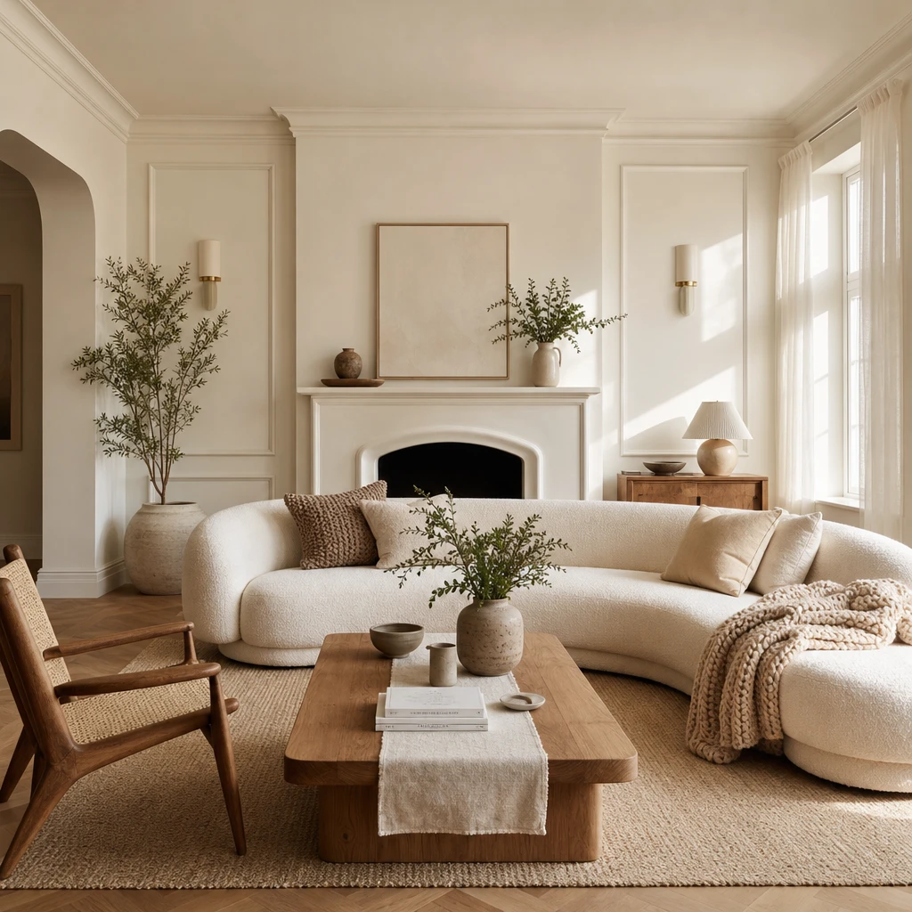 Cozy white living room with warm plaster walls, a curved boucle sofa, oak coffee table, wall panelling, and soft morning light filtering through sheer floor length curtains.