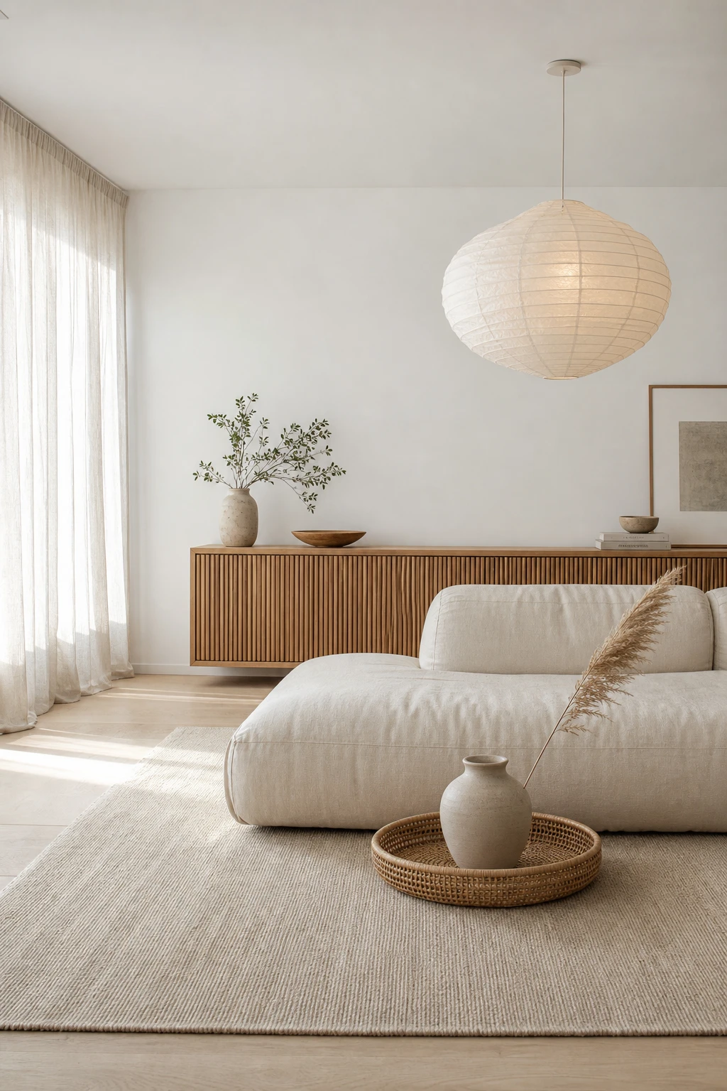 Cozy white living room styled in Japandi calm with a low linen sofa, washi paper pendant, rattan tray, and Strong White walls in soft morning light