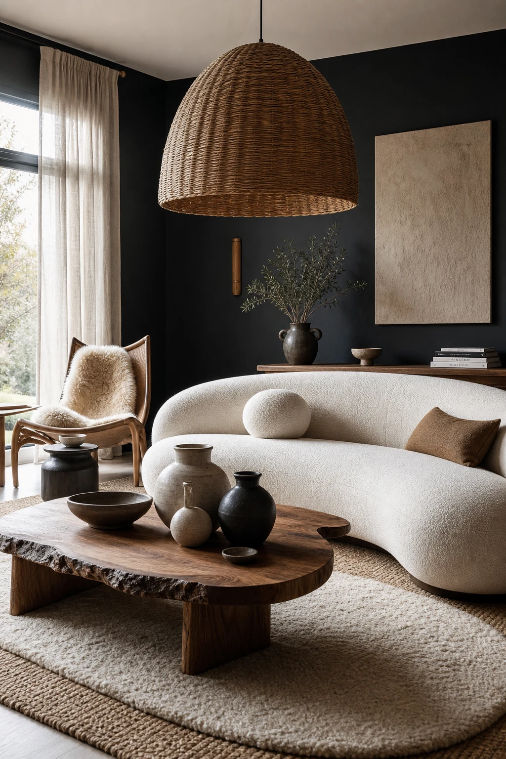 Cozy white living room styled in organic modern design with curved sofa, handmade ceramics, rattan pendant, natural linen and Farrow and Ball Blackened walls