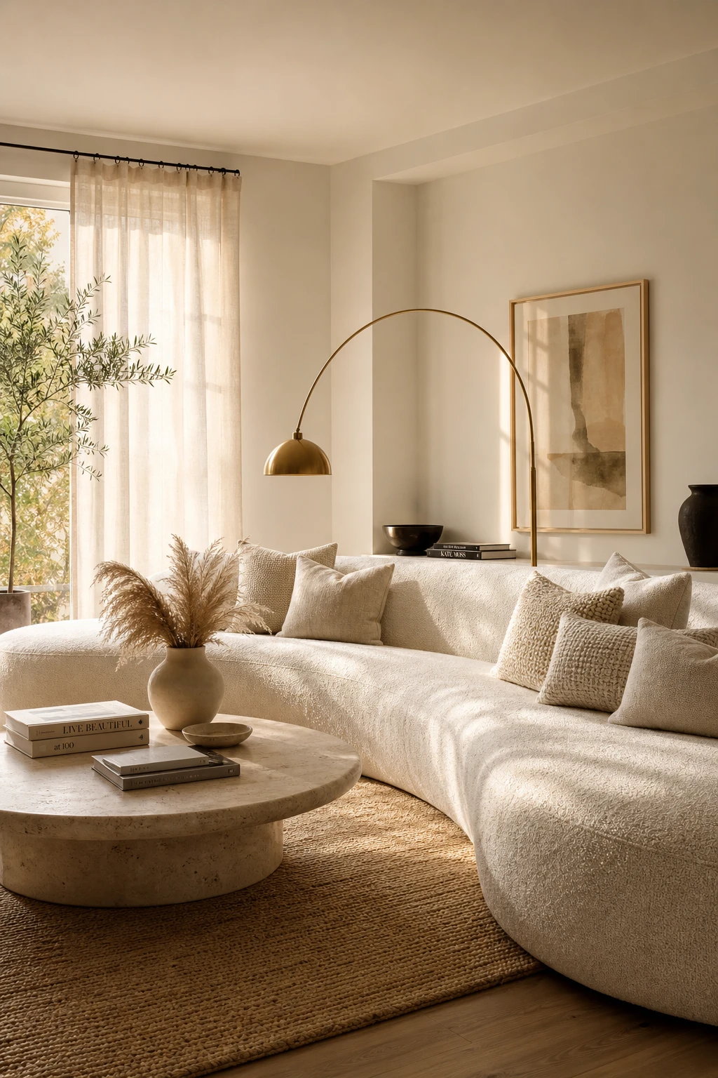 Cozy white living room with a curved ivory boucle sofa as the centerpiece, styled with layered textural cushions, a round coffee table, and warm afternoon light
