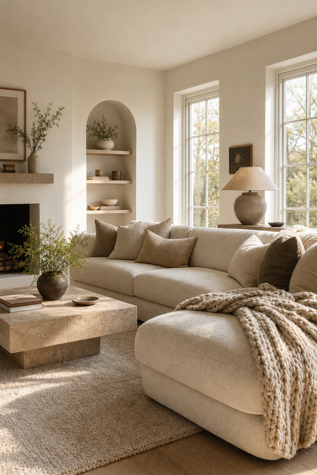 Cozy white living room with a large chaise sofa as the centrepiece, styled in layered white textiles and natural light from tall windows