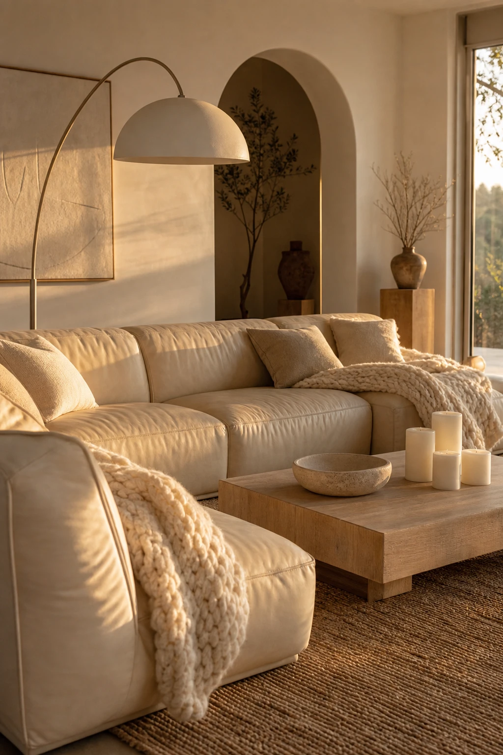 Cozy white living room with a large cream leather sectional as the hero, warm afternoon light, layered ivory textiles, and Farrow and Ball Blanc De Treillage painted walls