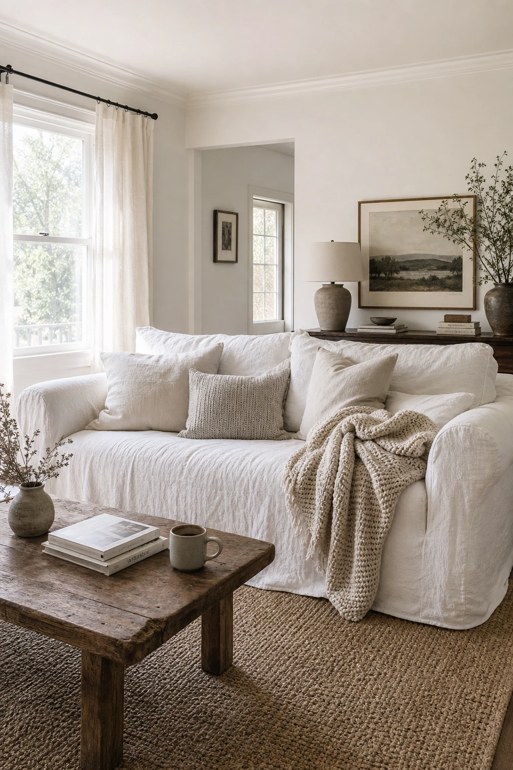 Cozy white living room with a relaxed white linen slipcover sofa as the hero, styled with layered cushions, a knit throw, and a worn timber coffee table