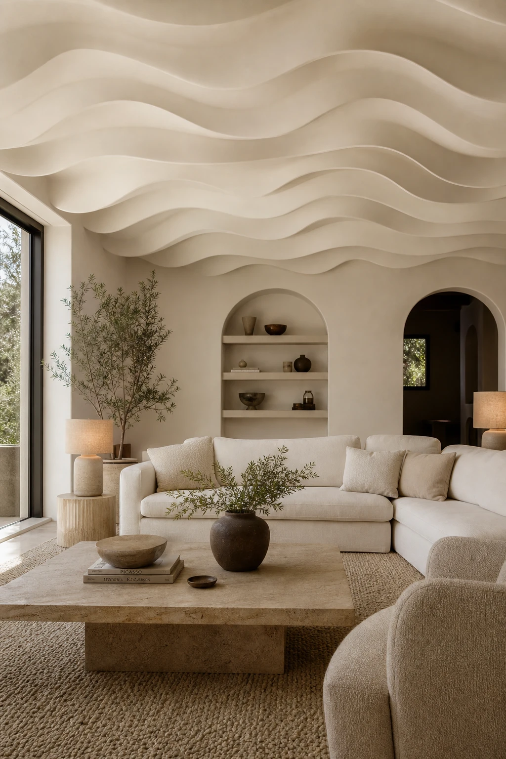 Cozy white living room with a sculpted wavy ceiling painted Farrow and Ball Turret White, soft natural light, linen sofa, and tactile plaster walls