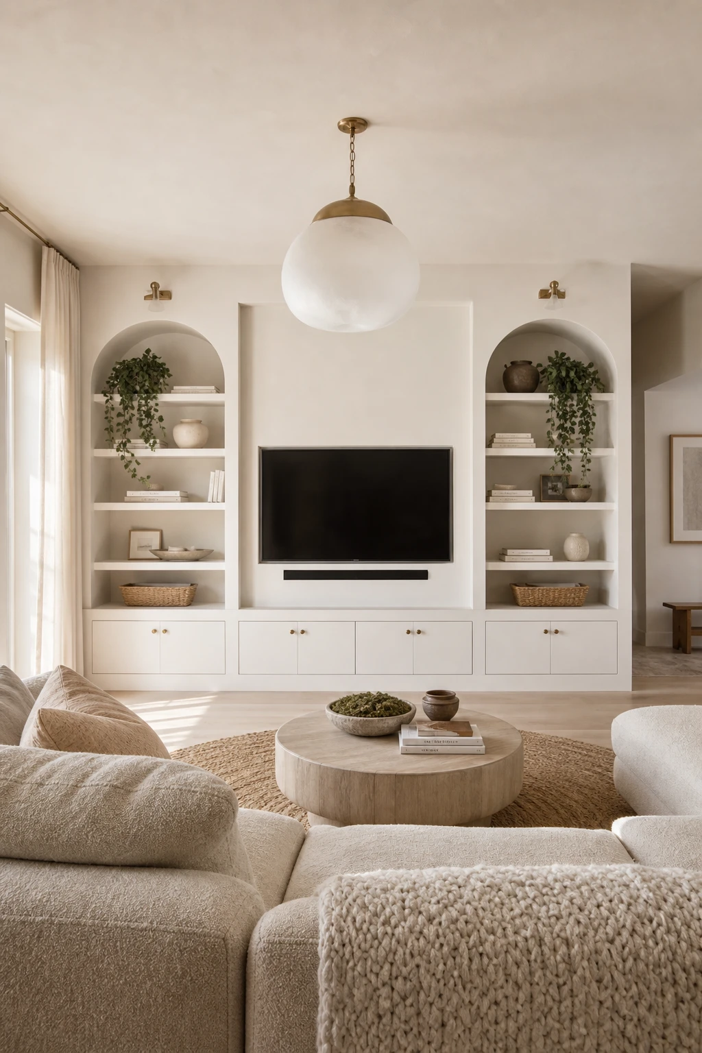Cozy white living room with a seamless white media wall as the hero, television blending into built in shelving, warm afternoon light, Farrow and Ball Lime White throughout