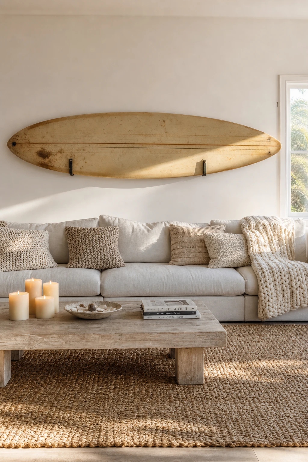 Cozy white living room with a vintage surfboard mounted as oversized wall art above a linen sofa, bathed in warm afternoon light