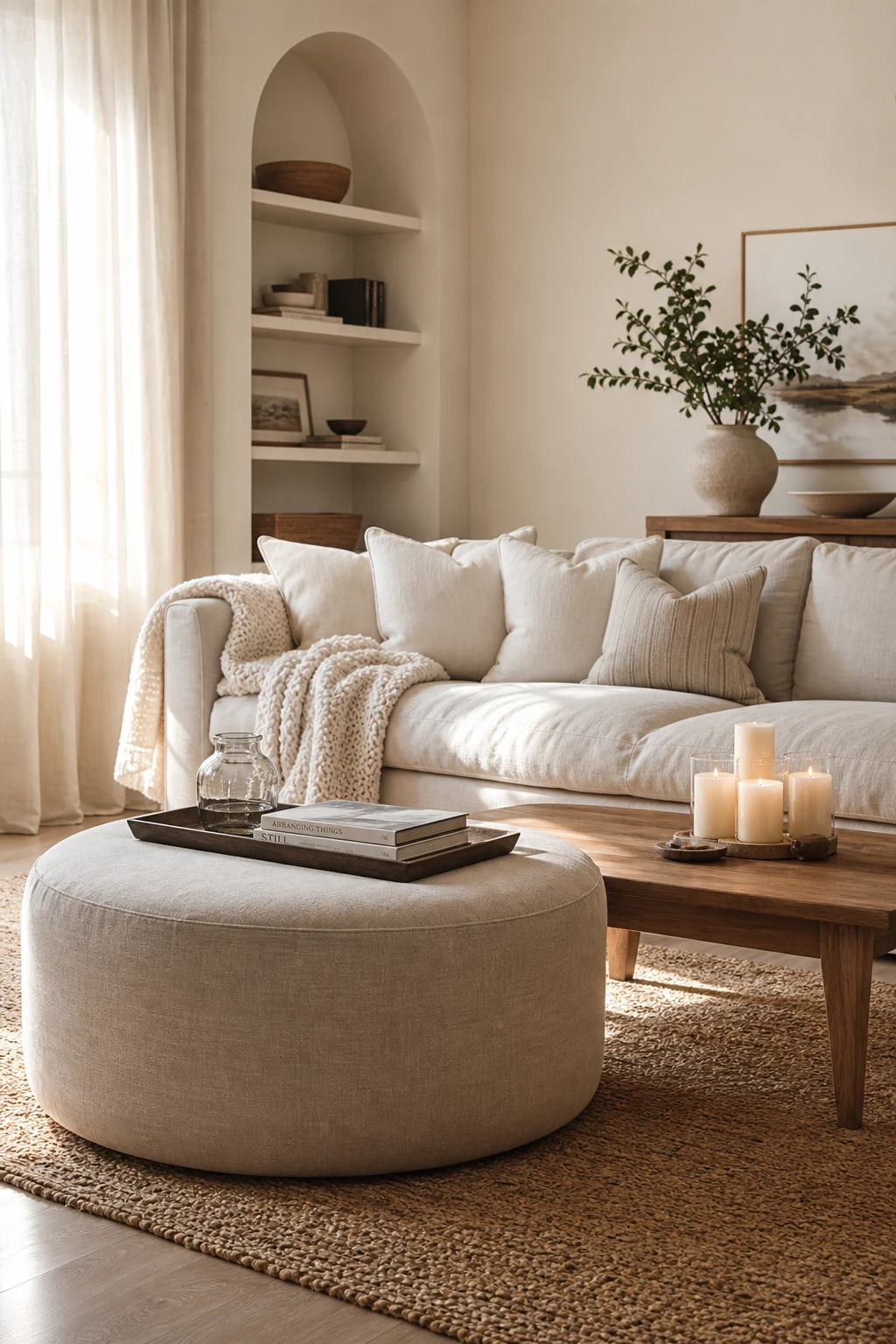 Cozy white living room with an ottoman coffee table pairing, warm natural light, and Farrow & Ball Orange Coloured White walls