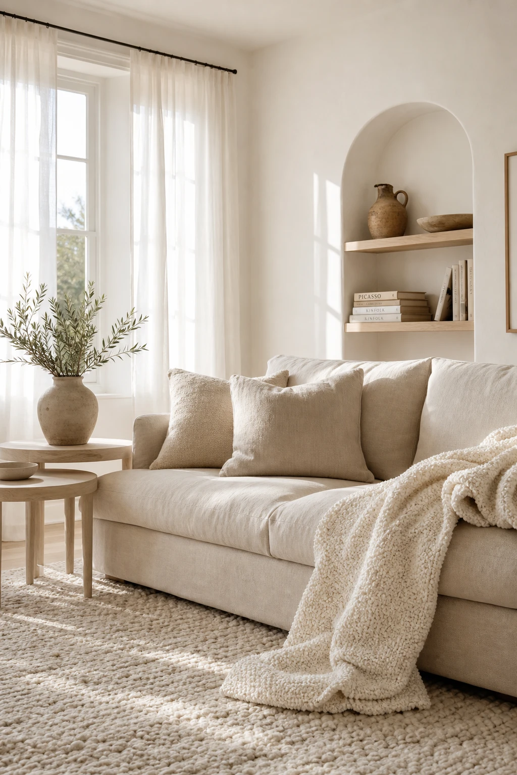 Cozy white living room with beige and white mix layering warm neutrals across sofa, rug, and walls under soft natural light