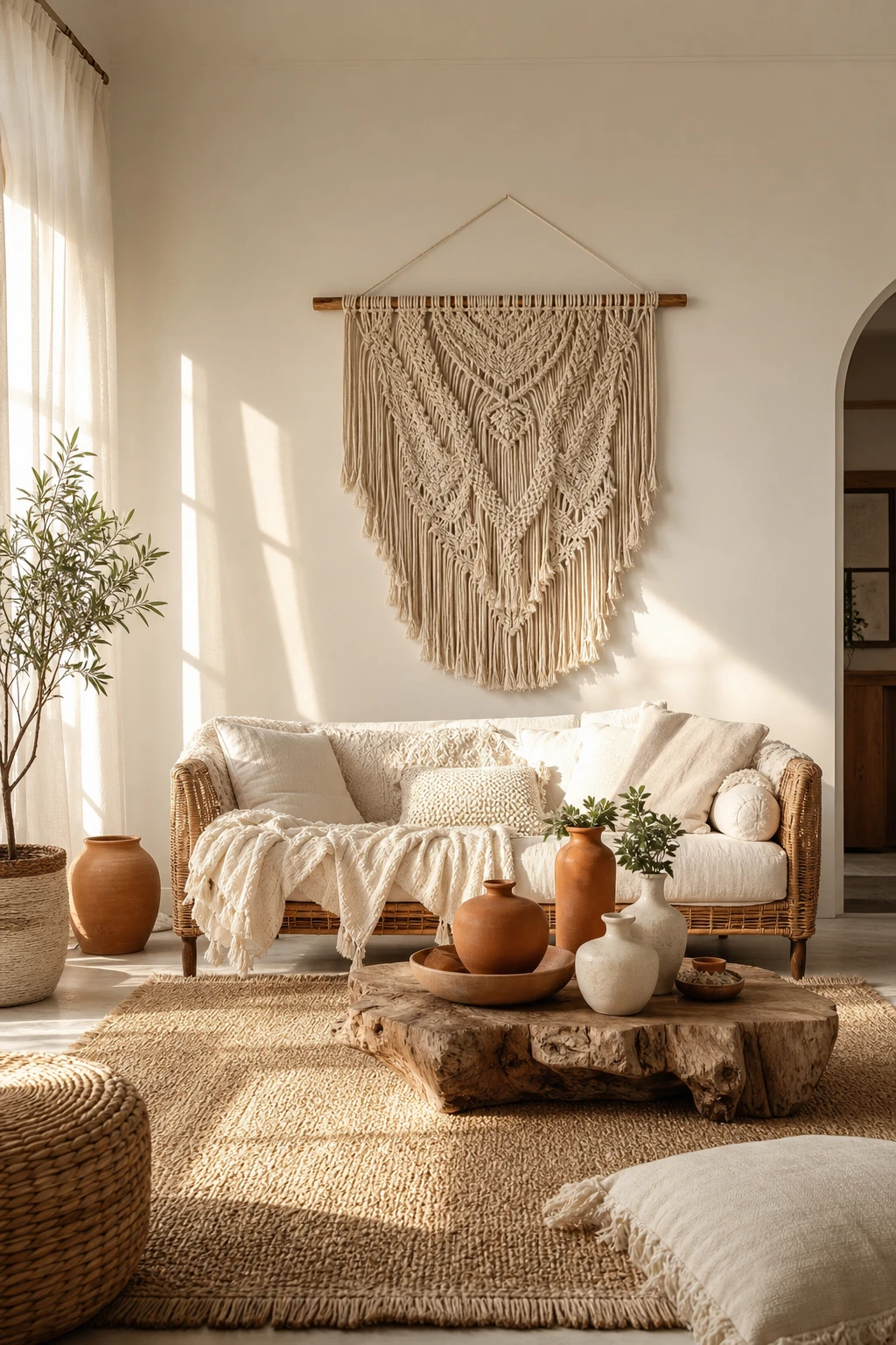 Cozy white living room with boho white layers of woven throws, macrame wall hanging, rattan furniture, and Farrow and Ball Wimborne White walls in warm afternoon light