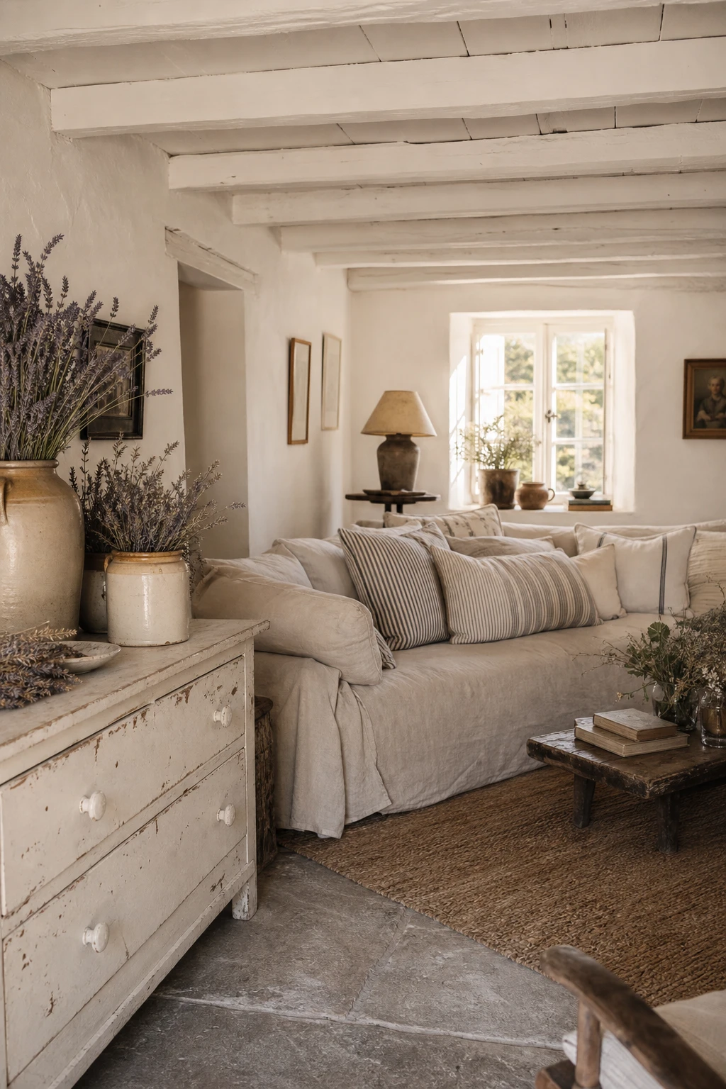 Cozy white living room with cottage farmhouse charm featuring vintage linen sofa, dried botanicals, painted wood shelving and warm afternoon light