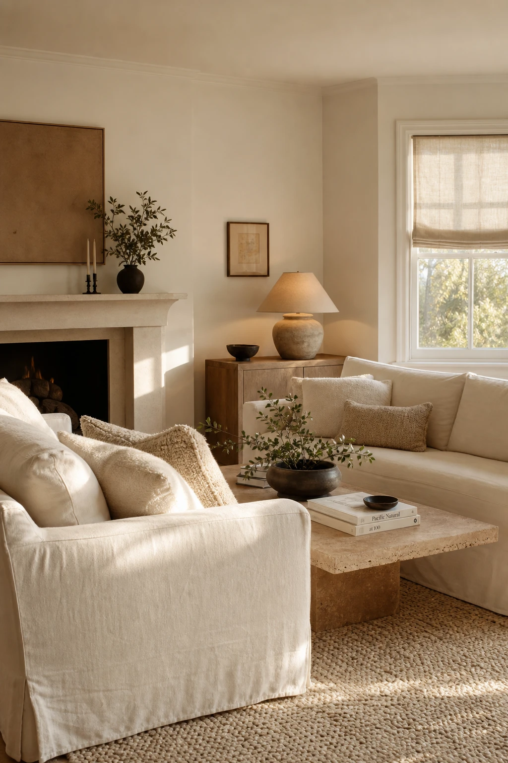 Cozy white living room with cream couches as the hero, warm layered textiles, natural light, and Farrow & Ball Blanc De Chine painted walls