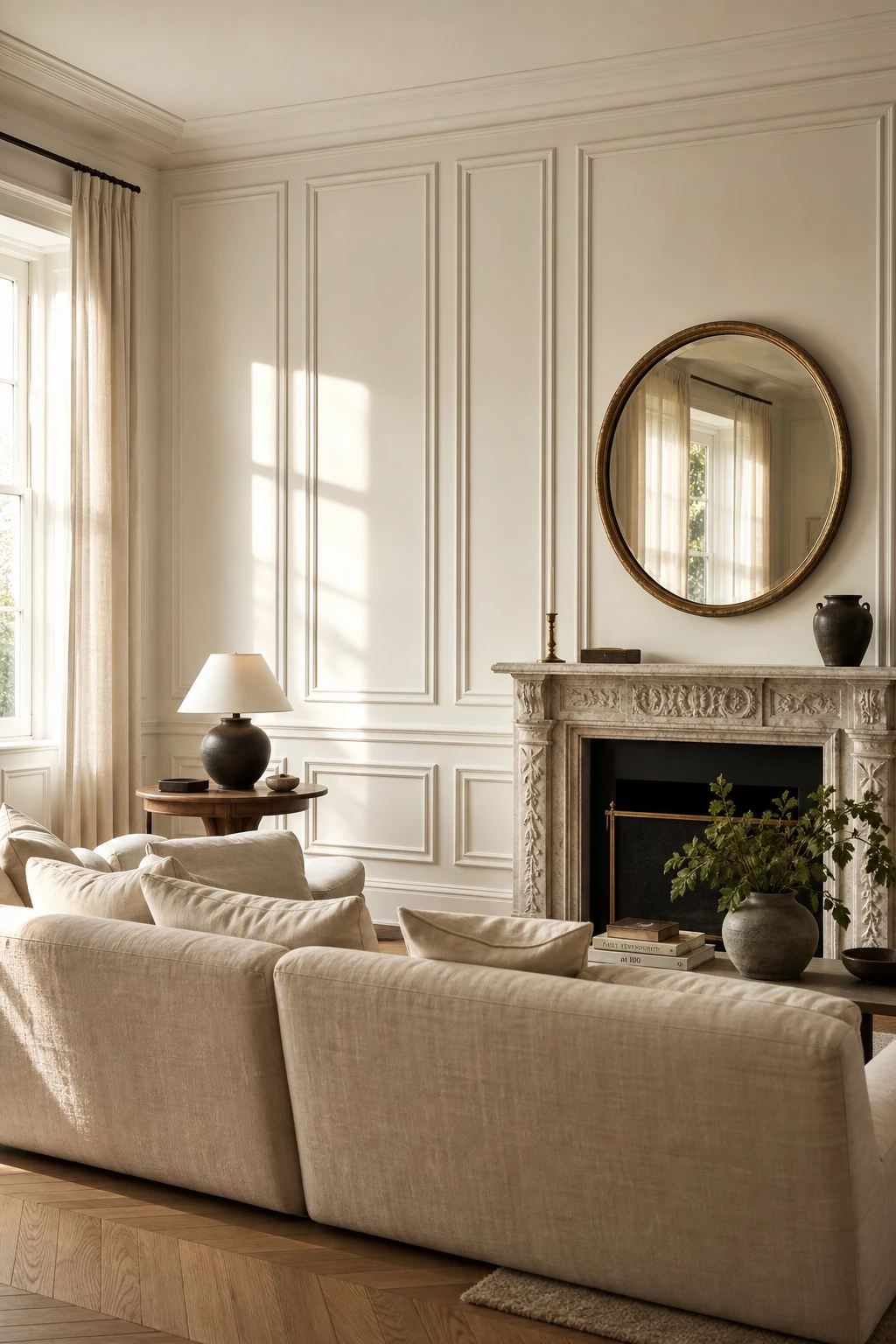 Cozy white living room with decorative wall molding panels painted in warm white, soft natural light, linen sofa, marble fireplace and herringbone oak floor