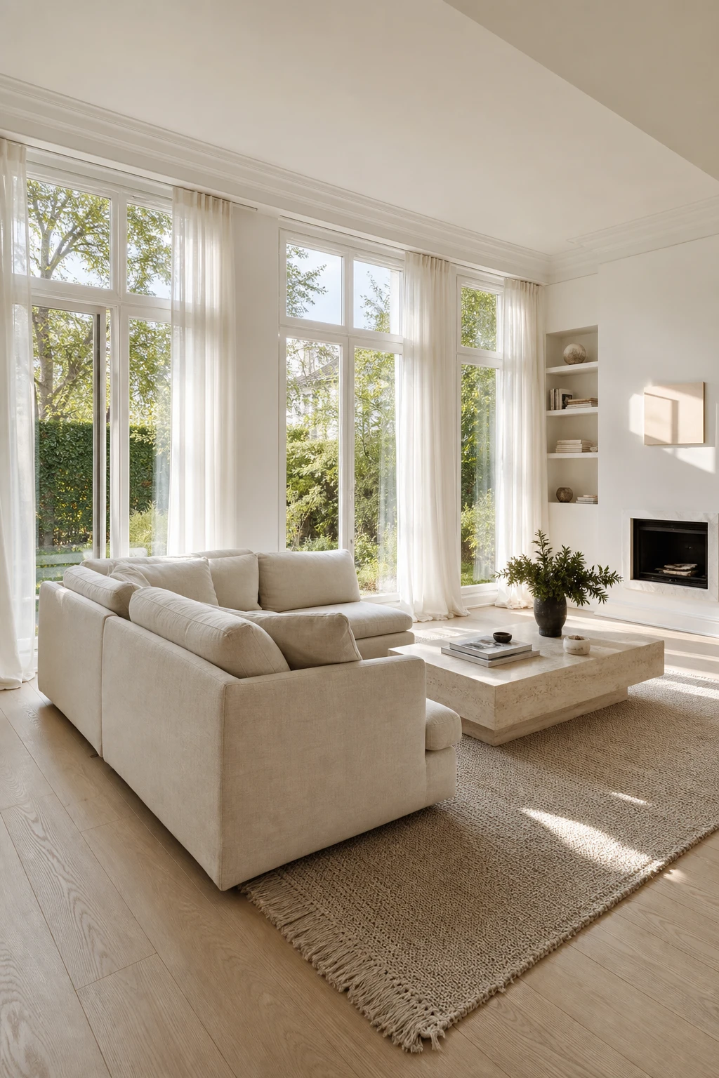 Cozy white living room with large windows flooding the space in natural light, linen sofa, sheer curtains, and Farrow and Ball Salt painted walls